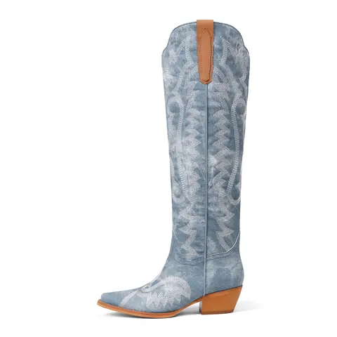 AOSPHIRAYLIAN Women's Chic Retro Western Embroidered Tall Cowboy Boots - 1 Pair Footwear, Blue Denim-Look PU, Low Heel (1-3 cm), Pointed Toe, Comfort Insole, Knee-High Shaft, Wear-Resistant, Flexible, Suitable for Party, Casual, Walking Shoes