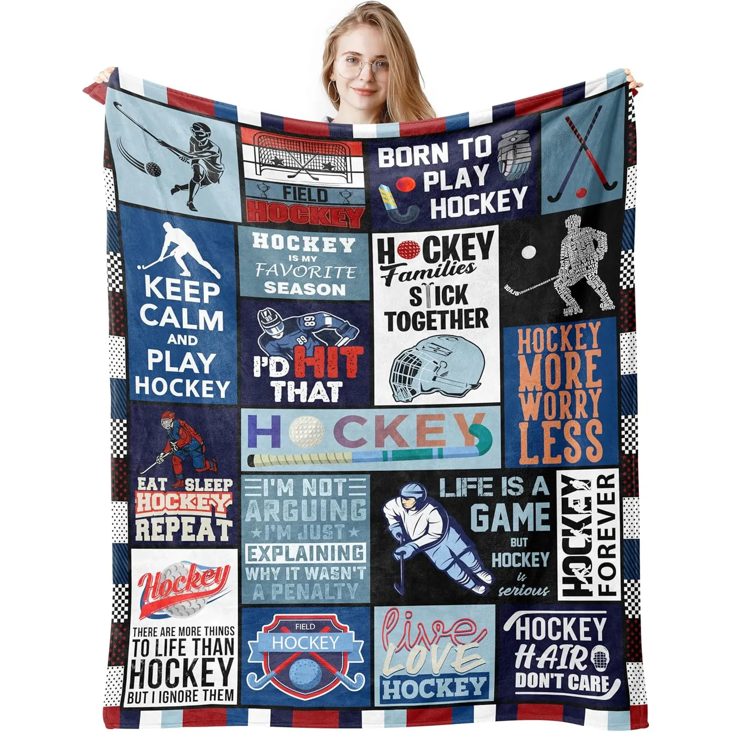 1Pc Hockey-Themed Reversible Flannel Fleece Throw Blanket - 40x50in, 50x60in, Contemporary Digital Print, All-Season Cozy Knitted Bedding, Machine Washable, Glam Gift for Hockey Enthusiasts, Teen Girls on Christmas, Valentine, Father's Day