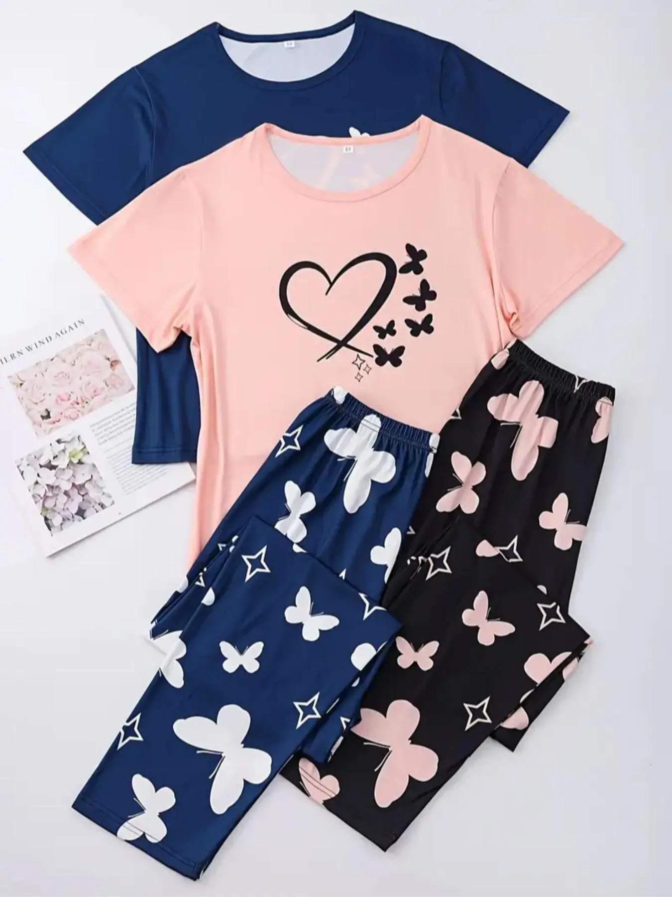 Women's Butterfly Print Tee & Pants Pyjama Two-piece Set, Casual Comfy Round Neck Short Sleeve T-shirt & Trousers PJ Set, Ladies Sleepwear for All Seasons, Casual Fitted Sleepwear, Pajama Sets, Lounge Wear, Cozy Loungewear Sleepwear