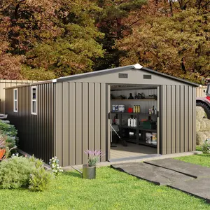 10x12 FT Outdoor Storage Shed with Windows, Brown Color Steel Metal Garden Shed with Protective Film, 0.25mm Roof & Wall Panels, Gift Tool Kit Included