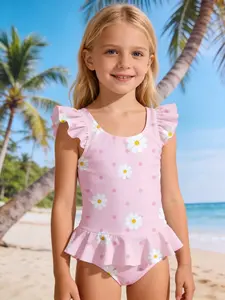 Sweet Princess-Style Girls' Light Purple Bow Glitter Ruffle One-Piece Swimsuit with a Skirted Cut to Cover the Tummy—Perfect for Eye-Catching Photos on a Beach Vacation