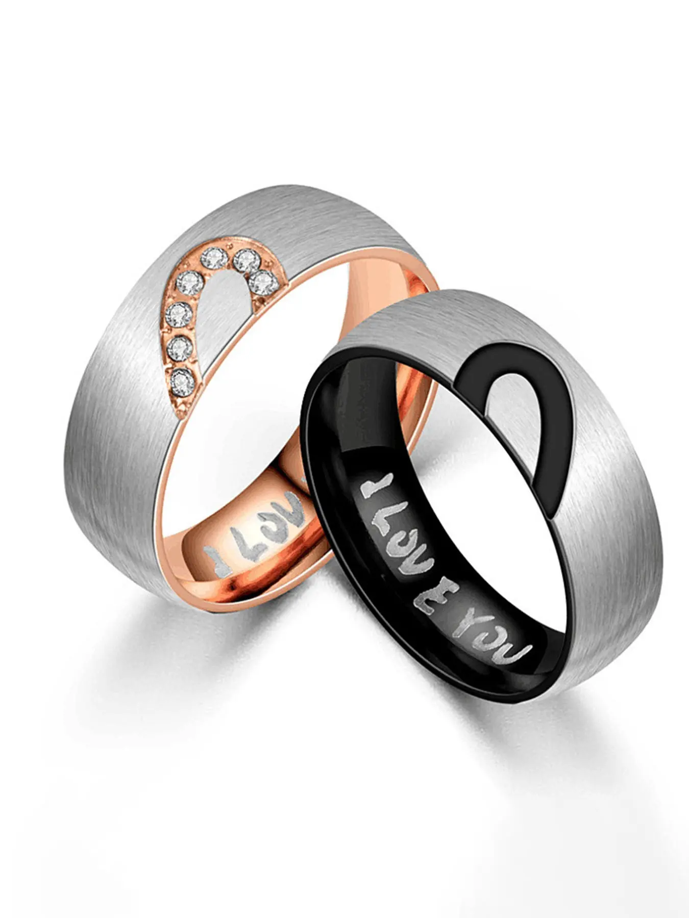 Rose Gold & Black Heart-Shaped Couple Rings — Stainless Steel Love Promise Rings | Engagement Jewelry & Unisex Accessories | Perfect Gifts for Valentine's Day, "520" (Love Day), or Graduation Season — An Ideal Present for Him or Her.