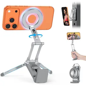 TP02 360°Rotating for MagSafe Tripod Mount, Adjustable Aluminum Magnetic Phone Tripod for iPhone 17/16/15/14 Pro Max Air, Foldable Cell Phone Stand Fits Vlog, Travel Essentials, Gym, Silver