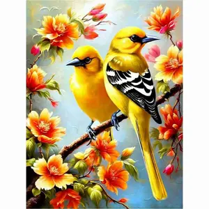 5D Full Drill Diamond Painting Cross Stitch Kit - Pair of Golden Orioles Perched on Flowering Branch, Round Acrylic Diamonds, DIY Art for Home Wall Decor, Ideal Gift for Nature & Craft Enthusiasts