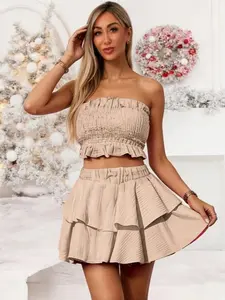 Summer Chic 2-Piece Set – Strapless Ruffle Crop Top & High-Waist Tiered Mini Skirt, Beach & Party Outfit