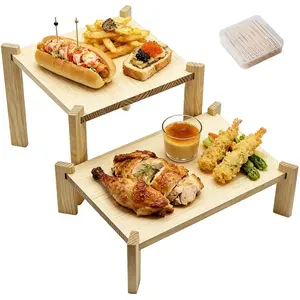 2 Pack Tiered Wooden Serving Tray Set, Cake Stand, Cupcake Stand, Charcuterie Boards with 100 Toothpicks, Rustic Display Risers for Wedding, Party & Catering