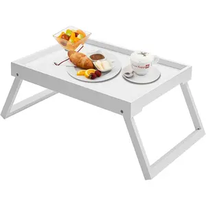Bamboo Bed Tray Table with Foldable Legs, Breakfast Tray Laptop Desk for Bed Sofa, Food Dinner Serving Eating Working TV Table (White)