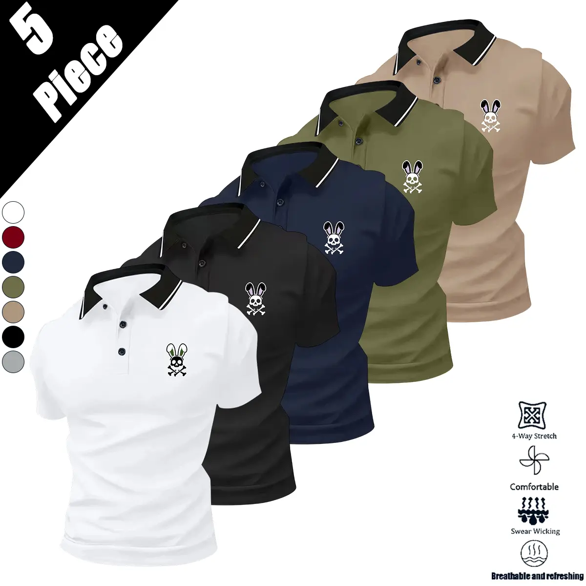 5-Pack Men’s Solid Color Polo Shirts with Turn-Down Collar, Breathable Quick-Dry Golf Casual Shirt, Lightweight Stretch Fabric, Suitable for Summer Office Wear, Rabbit Skull Head Print, Comfortable Fit Short Sleeve Tops