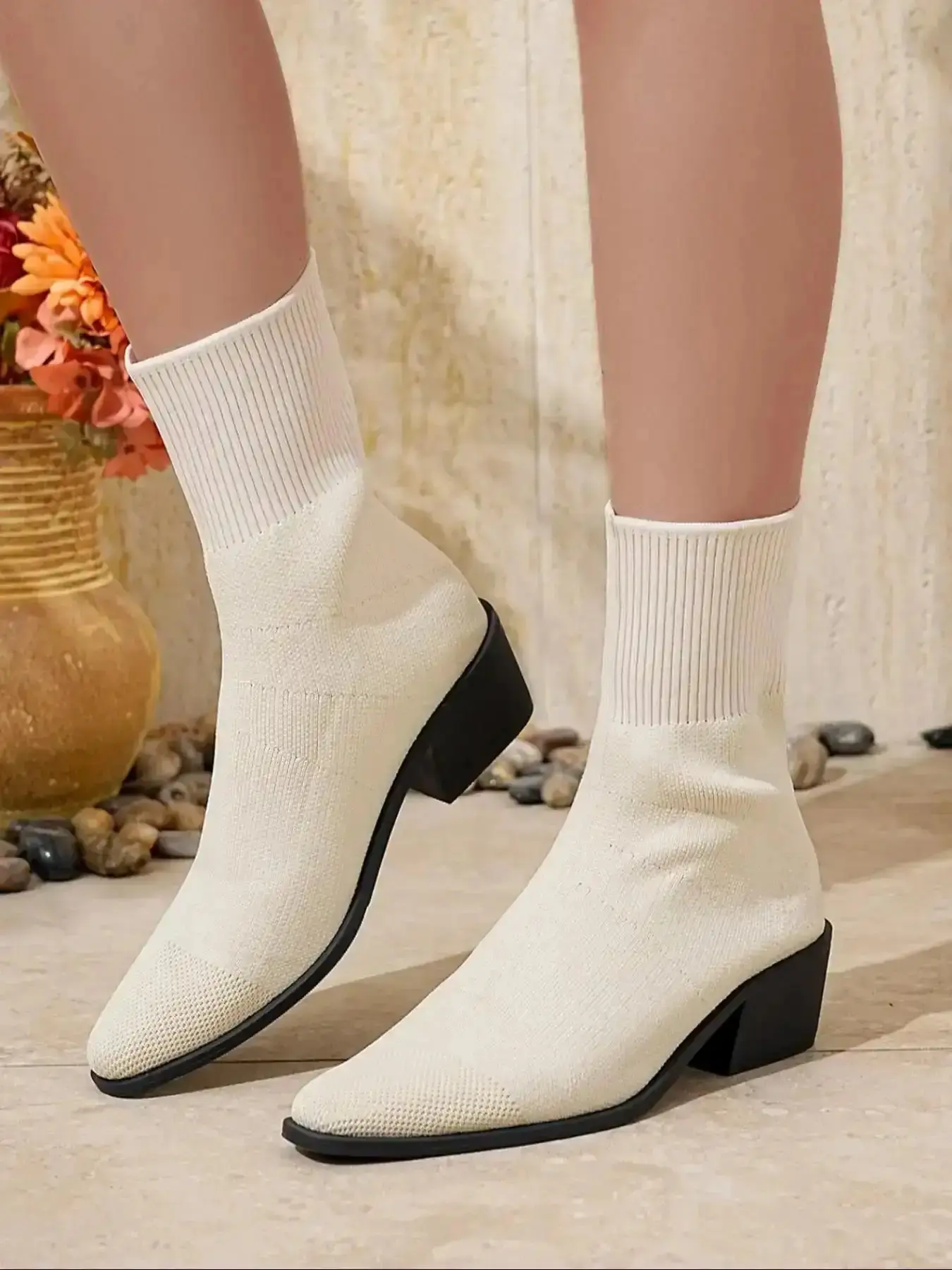 Women's Thick Sole Knit Boots, Wool Lined, Small Size Casual Elegant Ankle Boots, High Quality Fashion Shoes, Winter Booties, Comfortable, Breathable, Chic, Durable, Soft, Stylish, Versatile