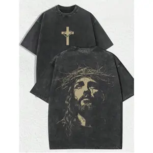 Jesus Crown of Thorns Double-Sided Washed Black Christian T-Shirt - Oversized Faith Tee.Double-Sided Print Jesus & Cross Washed Black T-Shirt - Christian Cotton Streetwear