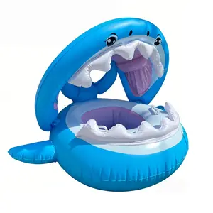 Inflatable Shark Shaped Pool Float with Canopy, Cute Cartoon Shark Print Swim Float with Safety Handles & Built in Seat, Portable Water Float for Pool & Beach