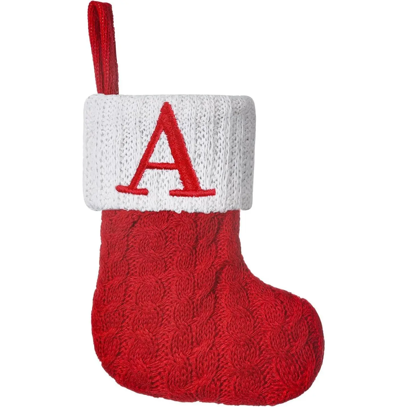 Red Knitted Mini Christmas Stockings 8 inch, Embroidered Initials | Personalized Red Cable-Knit Christmas Stocking, White Monogram Letter,Holiday Mantel fireplace Christmas tree decor