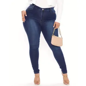 Women's plus size high stretch mid waist jeans - stretch denim pants with button closure, flap pockets, and Golden hardware, elegant and casual for all seasons, versatile clothing | button closure jeans | stretch denim