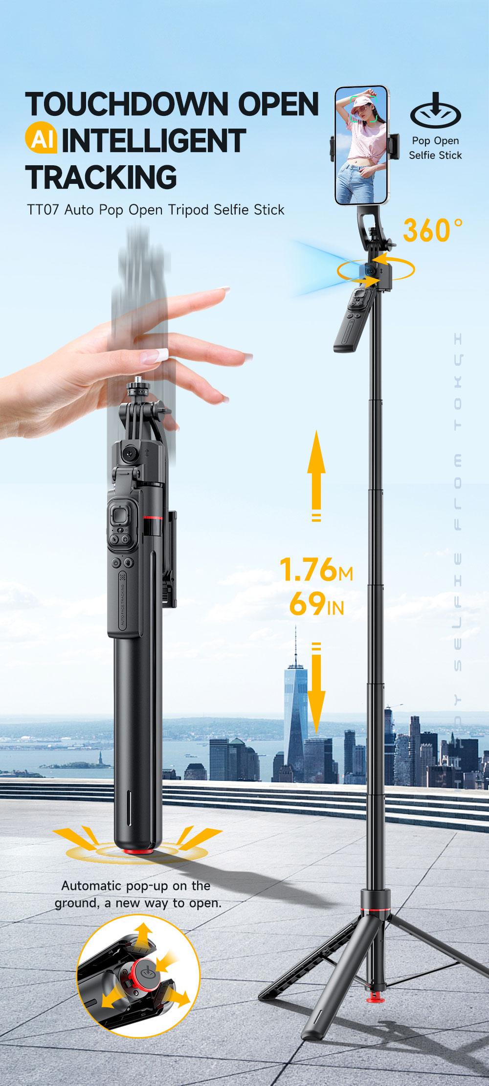 70" Auto Face Tracking Tripod for iPhone,Automatic Popup Tripod,No App,360° Rotation Smartphone Stand Tripod with Rechargeable Remote Control for TikTok Contentcreation Vlog Video Recording Travel Cellphone Selfie