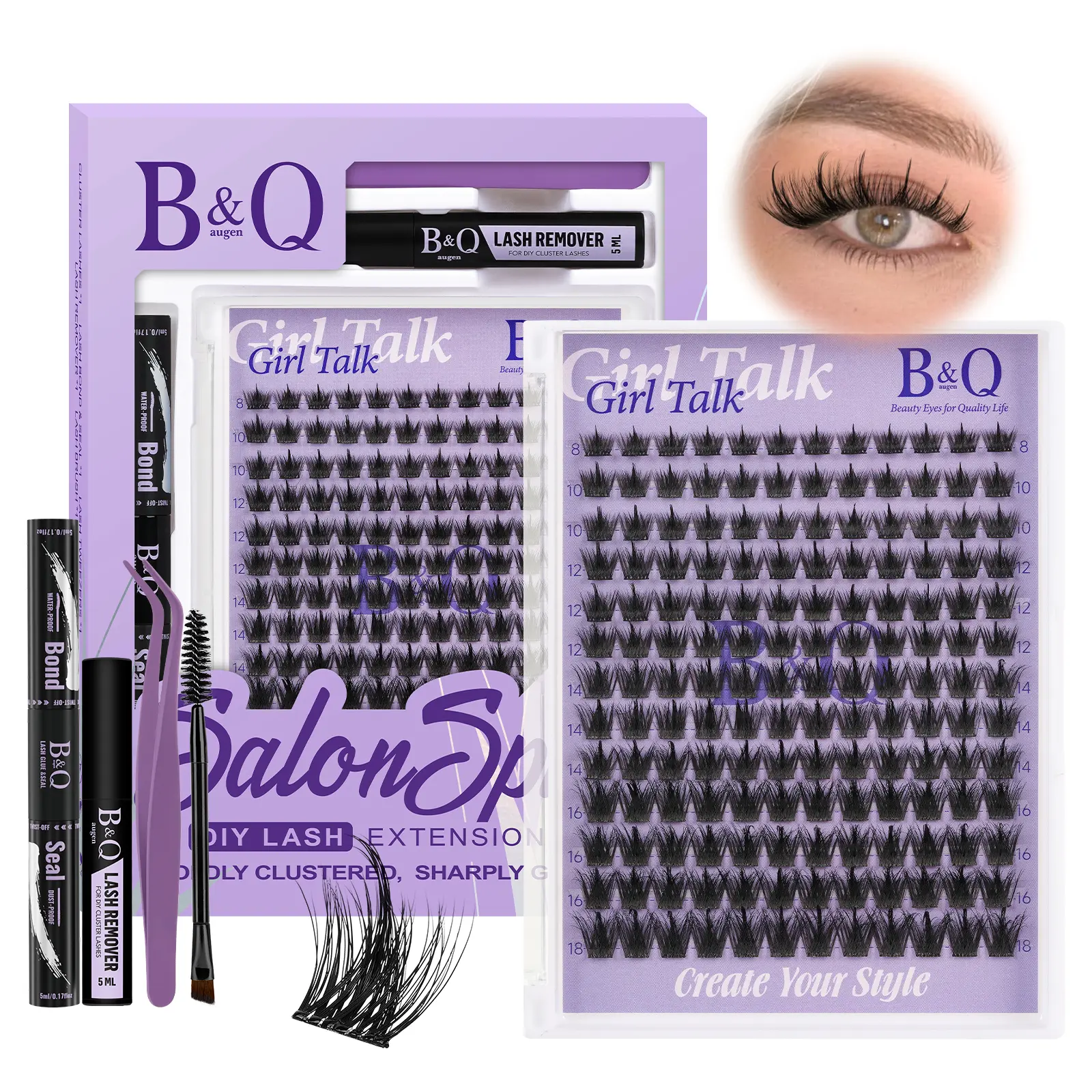 Girl Talk Kit l B&Q 3D Pre-Spike Design Wispy Eyelash Clusters,DIY Anime Manga Individual Lash Extension,Multi-Layered Like Salon Effect,D Curl,BASF Lashes for Comfortable Wear,Bond&Seal,No Latex Cosmetic Makeup