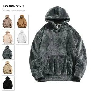 Men's fleece hoodie with American vintage style, made of faux lamb wool material, warm and thick, featuring a windproof hooded design with large practical pockets, available in multiple colors, a winter essential jacket.