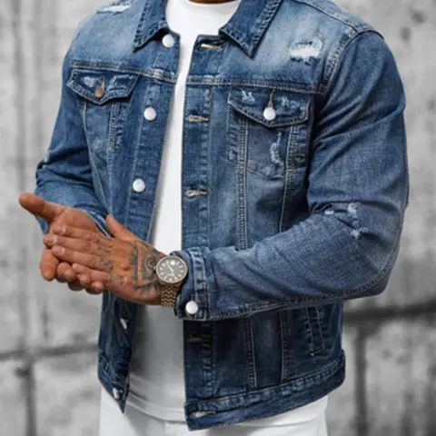 Stylish Men Ripped Slim Denim Jacket Male Streetwear Holes Casual Jean Jacket Coat Menswear Tops Long Sleeve Jacket Midi Wetsuit Casual Fashionable Jacket Button Up Jacket