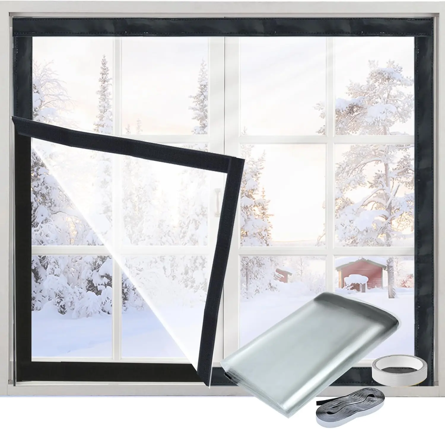 Reusable Window Insulation Kit (1 Set, 39'' x 48'', 48'' x 63'') - Adjustable Thick PVC Film Cover with Hook-and-Loop Tape, Transparent Indoor Wrap, Room-Insulating Wipe Clean Winterizing Accessory for Large Windows/Patio Doors, Housewarming Gift