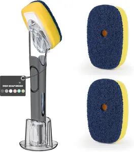 Dish Brush with Soap Dispenser Storage Set with 2 count Sponge Refills & Holder, Soap Dispensing Dish Brushes, Sponge with Soap Dispenser Handle, Dish Sponges with Handle for Dishes Pans Pots Sink