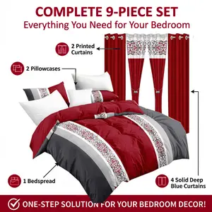 A 9-piece set available in various patterns: bedspread 1 + printed pillowcases 2 + curtains 6 (printed ×2, solid color ×4). Fresh Nordic style—buy once for an all-over home decor look.