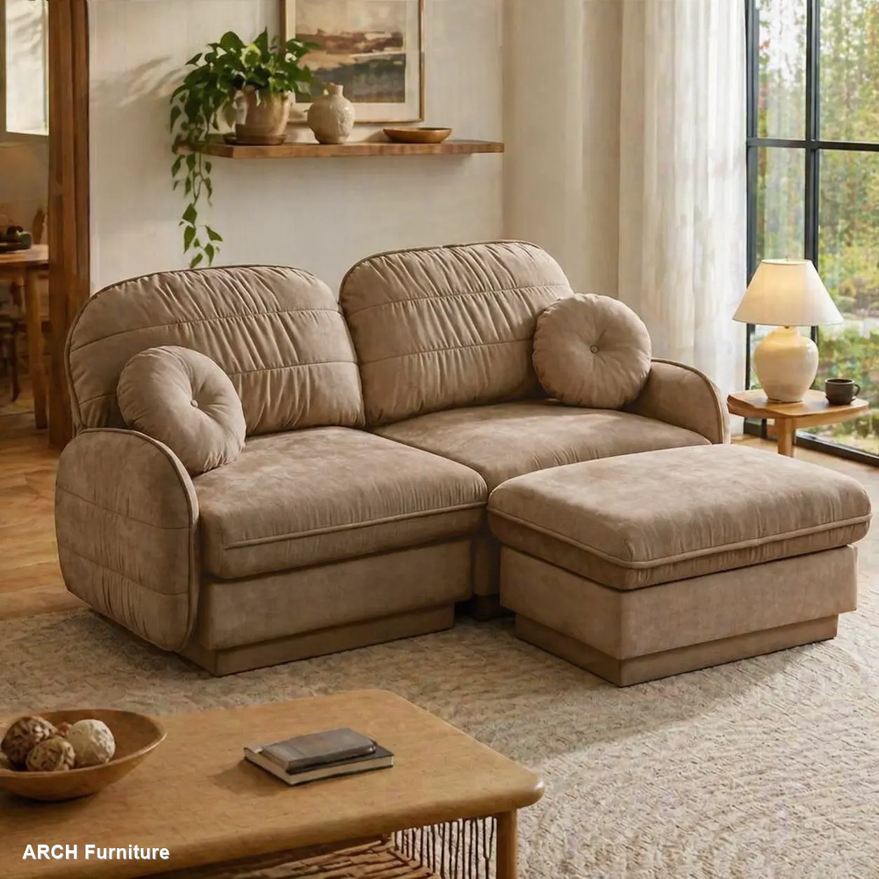 Modern L-Shaped 2-Seat Chenille Fabric Loveseat Sofa Set - Chenille Fabric Couch, Multi-Use Ottoman, Exquisite Round Pillows, Quilted Back Cushions, Recessed Leg Look, Soft Foam, Supportive Sitting, Easy Assembly, Light Coffee Comfy Couch for Living Room,