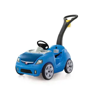 Step2 Whisper Ride II Blue Kids' Toy Push Car with Movable Steering Wheel Realistic Horn Seat Belt Cup Holders Under-Hood Storage Whisper Wheels Folding Handle
