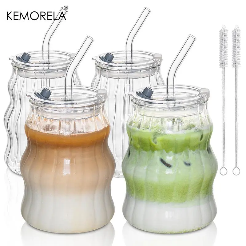 Ribbed Glass Cups with Lids and Straws, Vintage 18oz Design for Iced Coffee, Unique Bubble Glass Aesthetic with Clear Ribbed Finish, Stylish Drinkware Tumbler