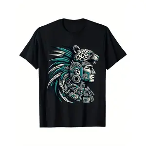 Aztec Warrior Jaguar T-Shirt 100 Percent Cotton Premium Heavyweight 180GSM Artwork Tee Men's Graphic T Shirt Round Neck Black Artistic Clothing Size S to XXXL