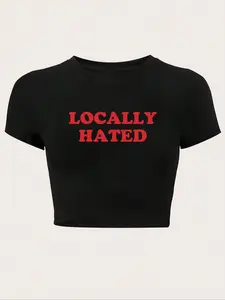 Women's Letter Print Round Neck Jersey Knitted Crop Tee, Casual Short Sleeve Fit Crop Top, Ladies Summer Clothes for Daily Wear