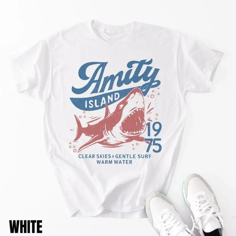 Men's Vintage Cotton Graphic Print T-Shirt - Retro Amity Island 1975 Movie Design, Casual Oversized Round Neck Short-Sleeve Top for Movie Lovers, Tshirt, Menswear, Vintage T-Shirts, Movie Theme