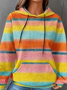 Women's Loose Fit Rainbow Striped Long Sleeve Aesthetic Hoodie, Casual Fall & Winter Sweatshirt with Pockets & Drawstring, Plus Size Tie Dye Pullover
