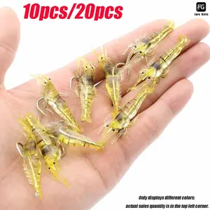 1 Pack 10 or 20 Bioluminescent Fake Shrimp Lures, Hooked Smelly Soft Shrimp Baits, Artificial Fishing Lures for Pike, Topwater Lure, Fishing Accessories