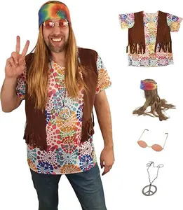 Hippie Costume Wig Set - Wig and Bandana - Necklace - Vest - Shirt - Glasses - Woodstock 1960s Gear