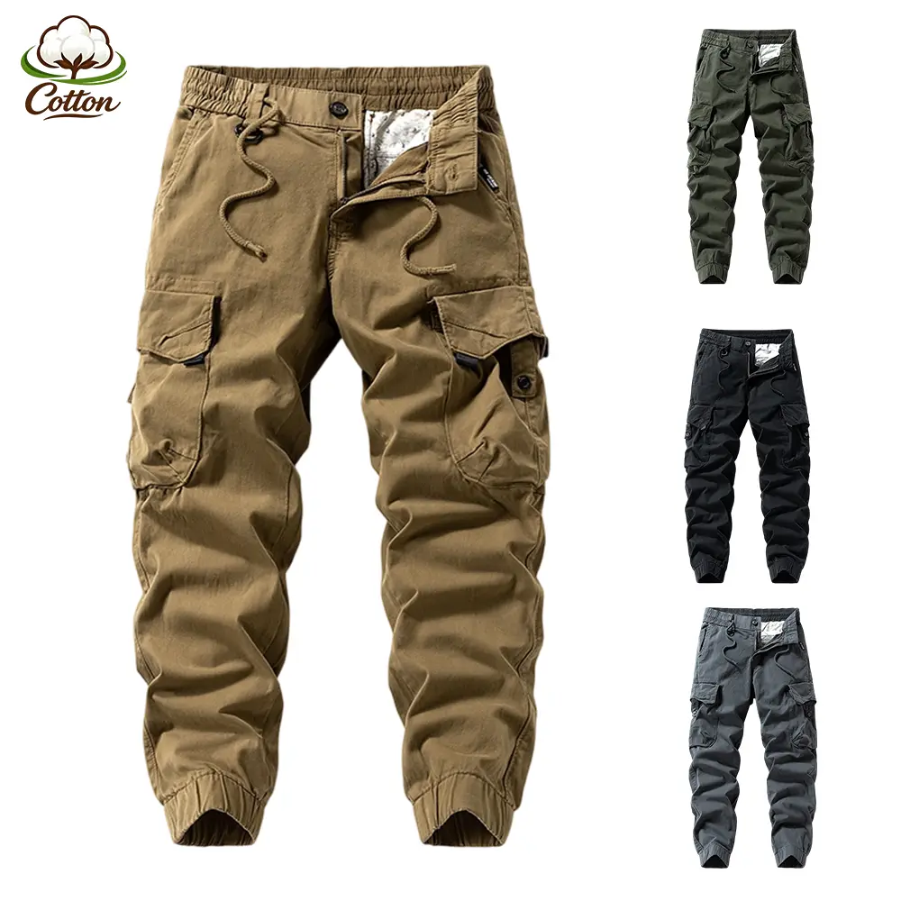 Outdoor Hiking Cotton Cargo Jogger Pants, Drawstring Waist Flap Pocket Relaxed Jogger Trousers, Wear Resist Washed Daily Casual Bottoms