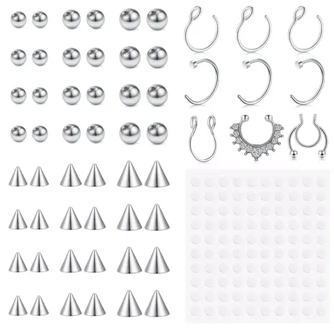 Fake Eyebrow Ring Fake Lip Labret Studs Replacement Balls Spike with 100pcs Sticker Non-Piercing Body Jewelry Fake Skin Piercing Fake Piercings Body Piercing Kit