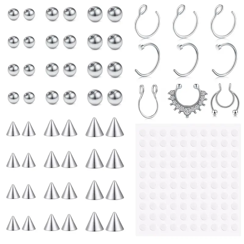 Fake Eyebrow Ring Fake Lip Labret Studs Replacement Balls Spike with 100pcs Sticker Non-Piercing Body Jewelry Fake Skin Piercing Fake Piercings Body Piercing Kit