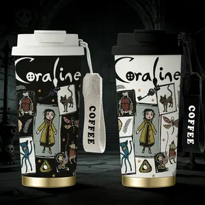 1pc 18oz Coraline Gothic Fantasy Collection Stainless Steel Insulated Coffee Tumbler with Straw, Multiple colors available, Double Wall Vacuum Insulation, Leakproof Lid with Straw & Wrist Strap, Perfect Gift for Coraline Fans, Gothic Aesthetic Lovers