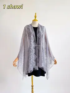 Single Piece Solid Color Fringe Shawl, Sun Protection Lace Shawl, Elegant Beach Vacation Accessory, Plain Pattern, No Ca Prop