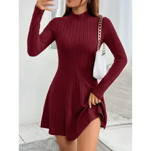 Autumn Winter Plain Knit Dress, Waist Cinched A-Line Design, High Neck Vintage Style, Multiple Colors AvailableGift