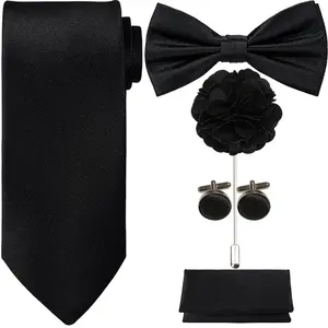 5Pcs Tie Set in Box, Solid Color Necktie, Satin Bow Tie, Pocket Square, Lapel, Cuff Links for Weddings, Formal Events, and Business Occasions- Premium Quality, Versatile, and Stylish Accessories