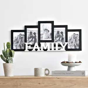 Wood Wall Hanging Family Picture Photo Frame Collage, 4 x 6 Photo Frames for Family Pictures Wall Decor, 5 Openings Black
