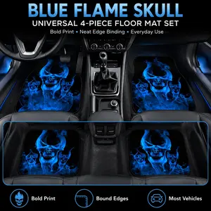 4pcs Blue Skull Pattern Car Floor Mats, Non-Slip Universal Fit, Durable Washable Floor Liners, Stylish Car Interior Accessories