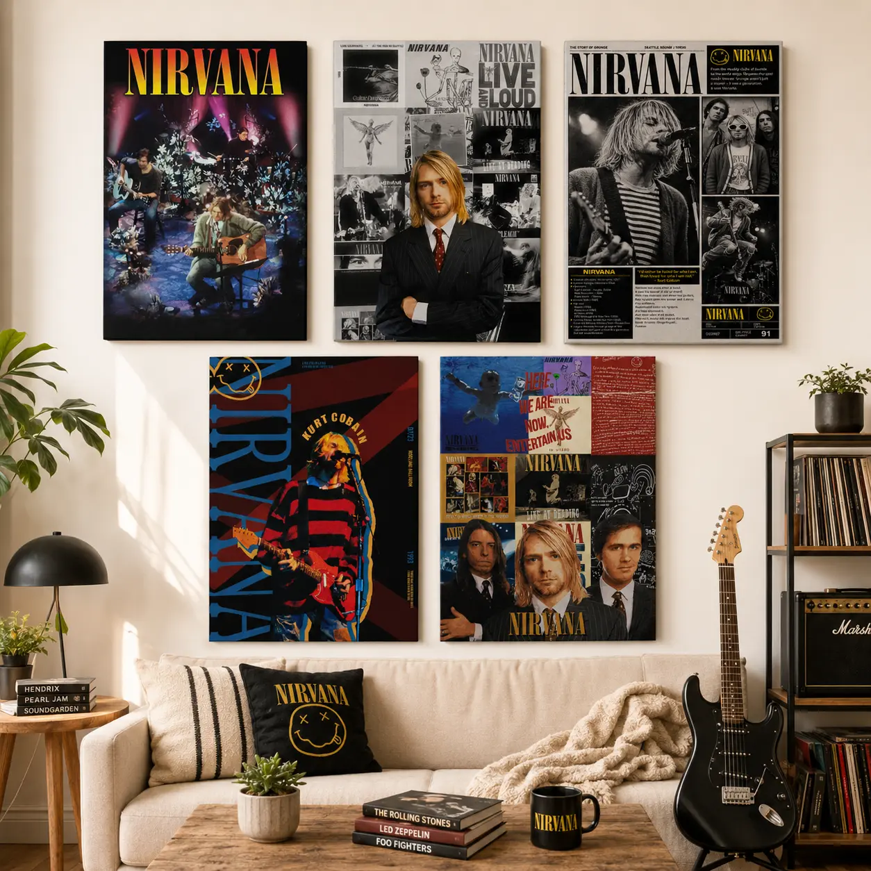 Nirvana Kurt Cobain Framed Canvas Wall Art, Vintage Grunge Rock Band Collage Poster, Retro Music Print for Man Cave Bedroom Decor, Ready To Hang