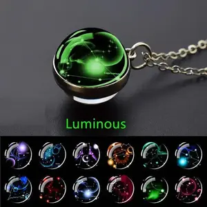 Glow-in-the-Dark Zodiac Pendant Necklace - Starry Sky Glass Ball with Luminous Constellation Design, Fashionable Zinc Alloy Jewelry for Men Night Glowing