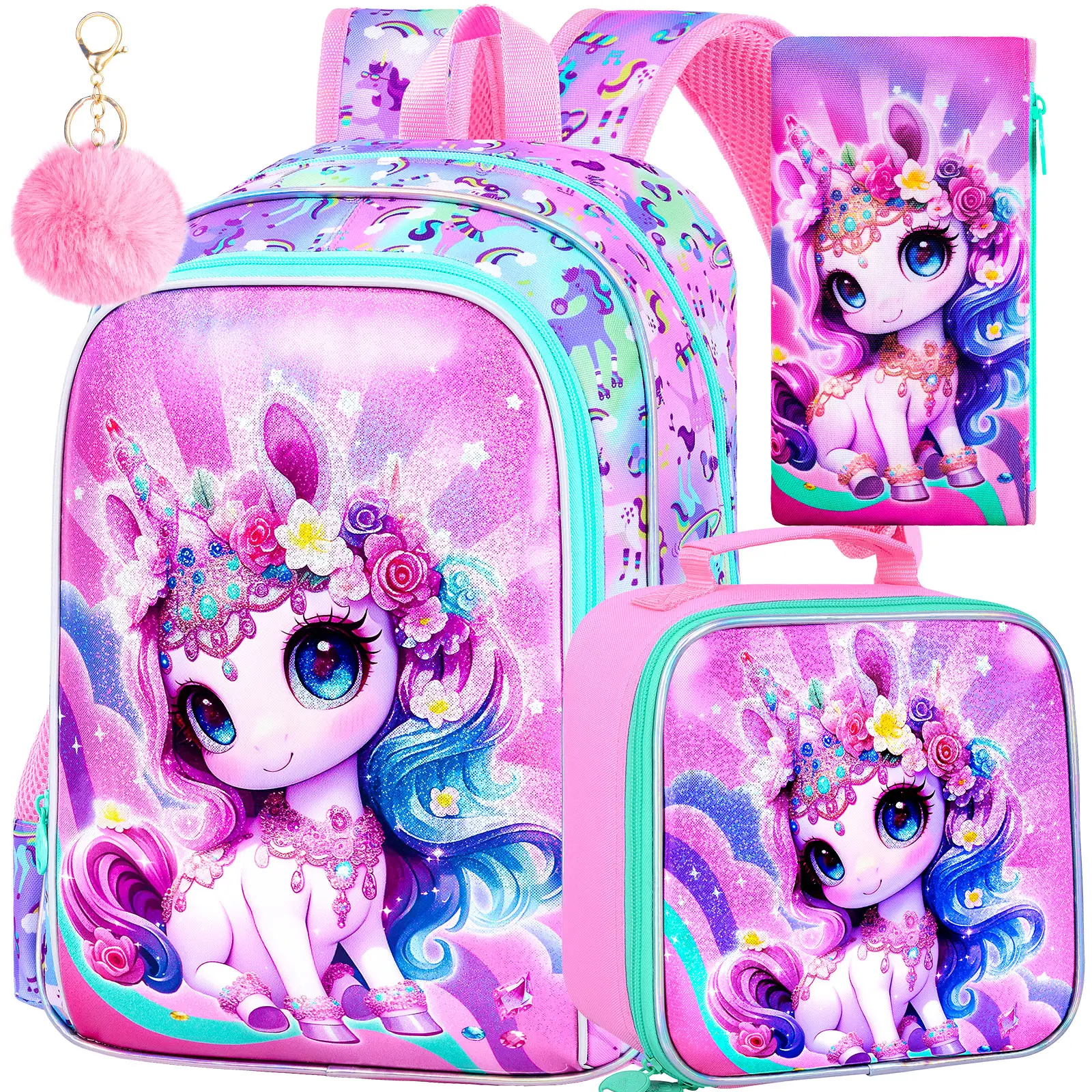 Unicorn Backpack for Girls, 16" Kids Bookbag with Lunch Box, 3Pcs School Backpacks for Elementary Preschool Kindergarten (Pink)
