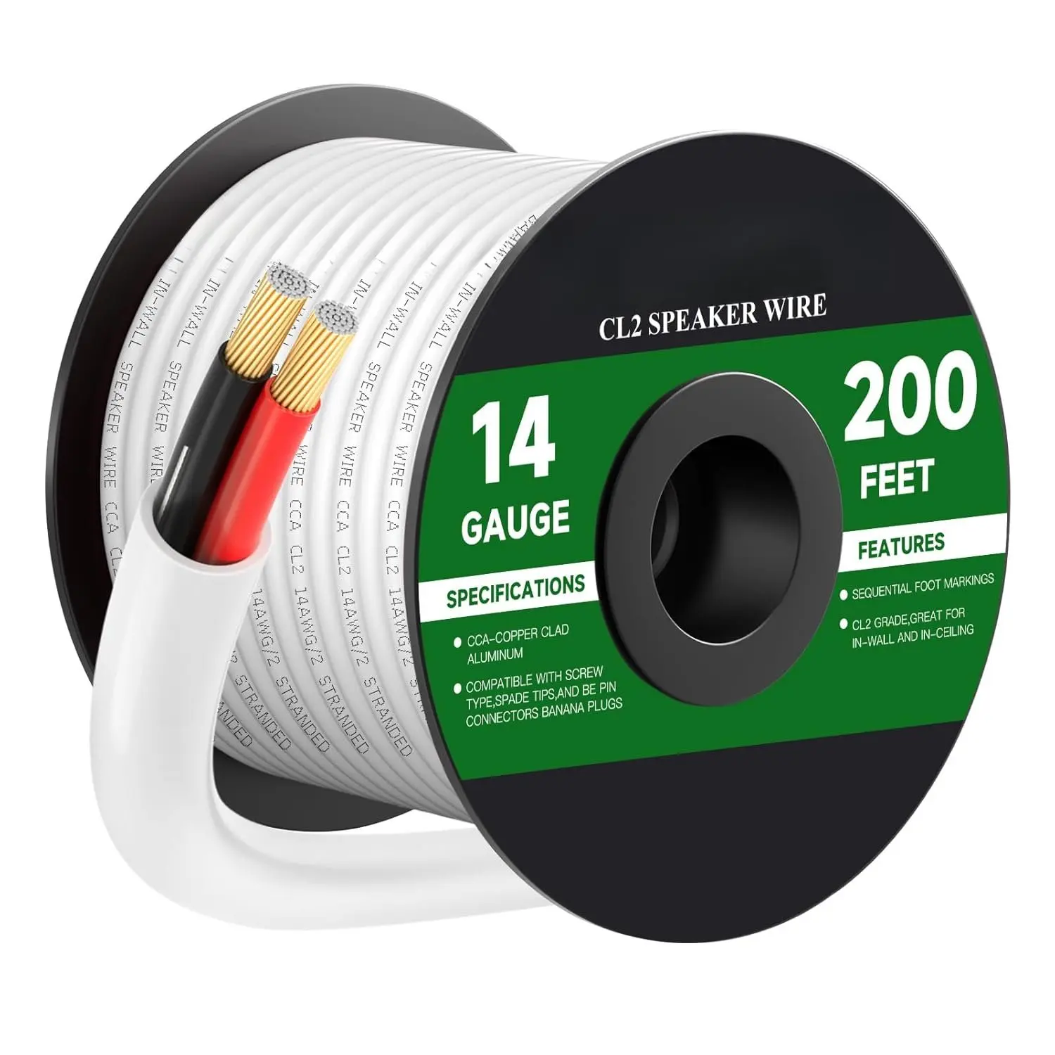 14 Gauge 200FT Speaker Wire CCA 2 Conductors Cord CL2 Rated Speaker  for Indoor,in-Wall,in-Ceiling, Theater & Commercial Audio with White PVC Jacket