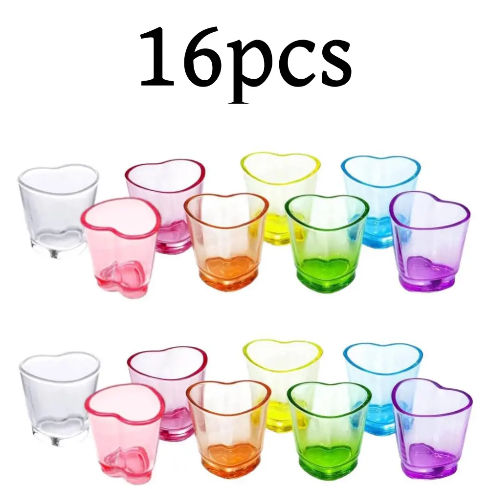 16 pcs 1.5 oz 8-color glasses plastic beer glasses cute heart-shaped glasses Tequila Cups Small Glass for Parties, Celebrations, Bar