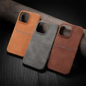 Compatible with iPhone 17 Pro Max Leather-Textured Sheepskin Business Card Slot Phone Case Shockproof Protective Cover for Apple 16/15 Protection Protector Bronze Brown Cellphone Smartphone