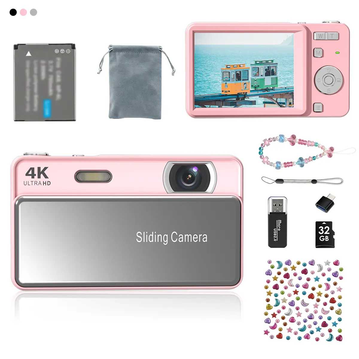 Sohochic Point & Shoot CCD Sensor Digital Camera with Slide Cover, HD Photo & Video Capture, 32GB SD Card + Reader + Adapter, Free Crystal Sticker & Bracelet, Cameras for Pictures, Ideal Birthday/Christmas Gift Set