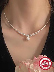 S925 Sterling Silver Faux Pearl Decorated Necklace for Women, Fashion Jewelry for Party, Daily Clothing Decor, Trendy All-match & Exquisite Jewelry for Birthday Gift